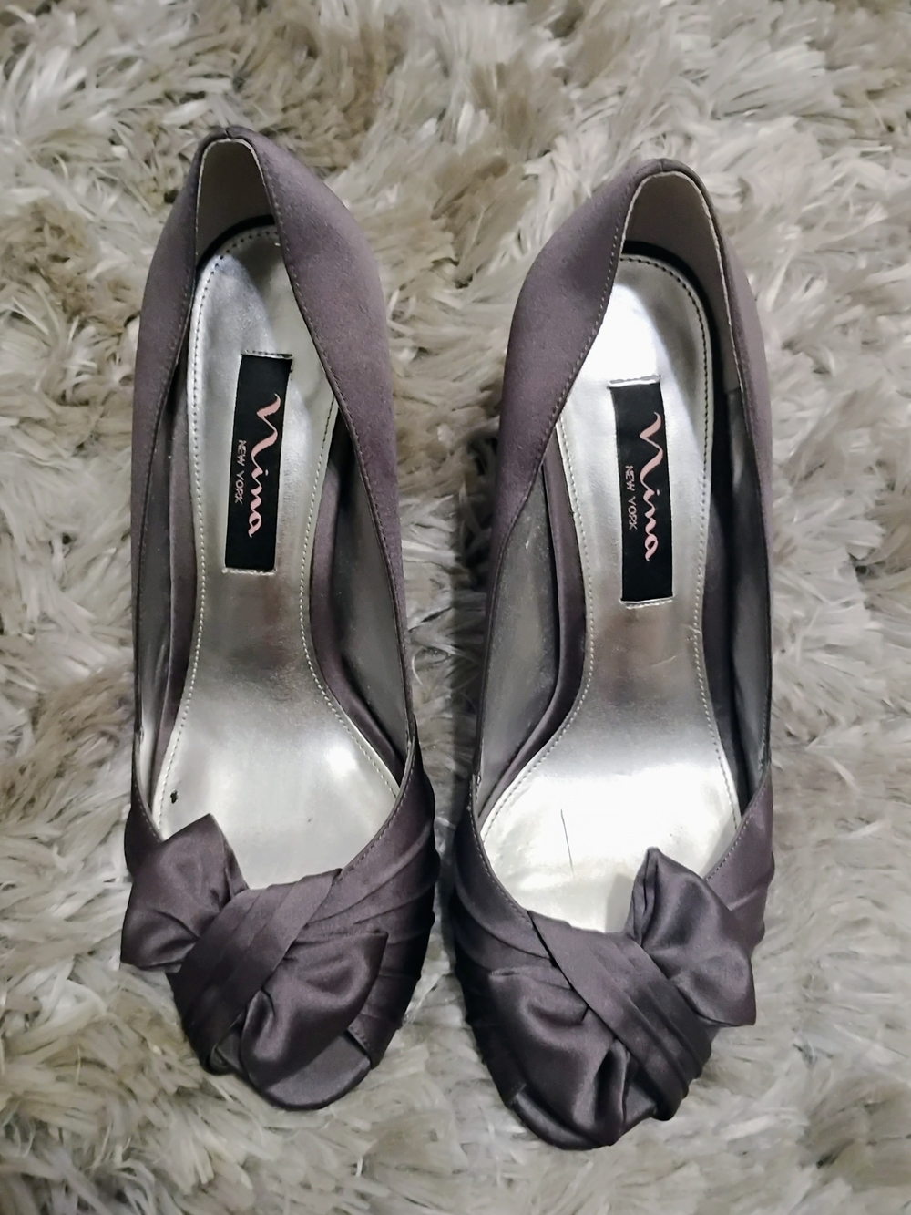 Nina Silver-Gray Satin Knot Peep-Toe Heels
